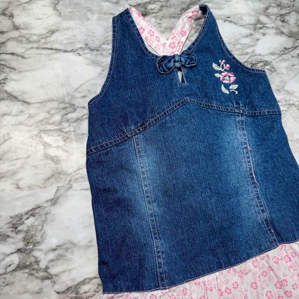 VTG Y2K Floral Ruffle Embellished Halter Denim Girls Dress Size 7/8 Small